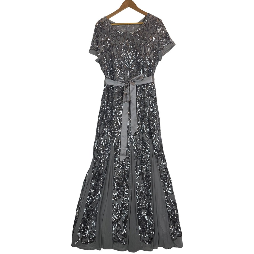 R&M Richards Silver Sequin Formal‎ Evening Dress Ribbon Sash Short Sleeves Sz 14